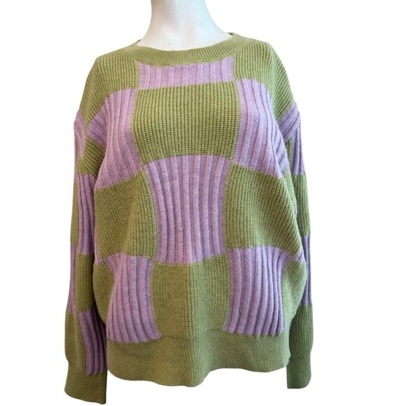 Lush Ladies XL Soft Knit Colorblock Lilac Purple Green Crew Neck Sweater - Picture 1 of 6